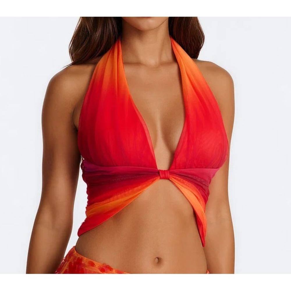 Fashion Nova Women's Sunsets Ombre Mesh Deep V-Neck Halter Top - Red - S